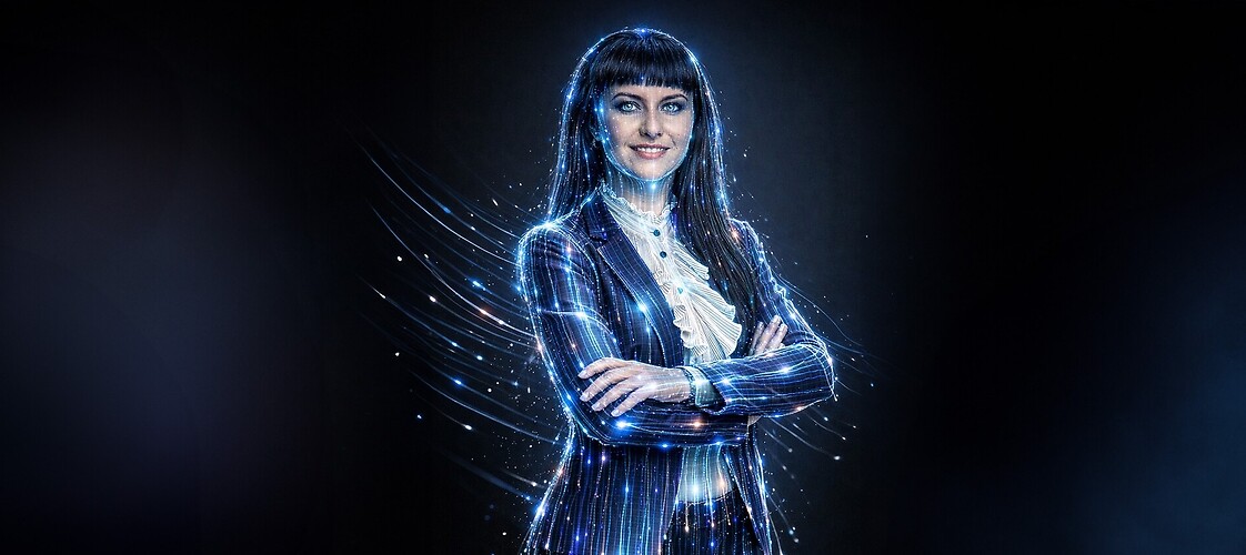 Kobieta w otoczce cyfrowych świetlistych punktów, na ciemnym jednolitym tle