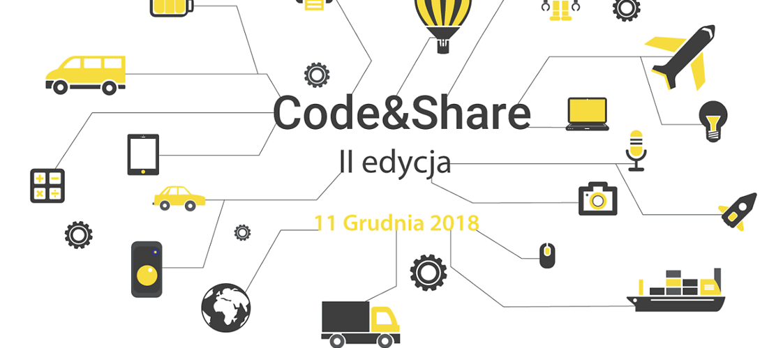 Grafika Code & Share z ikonami usług cyfrowych