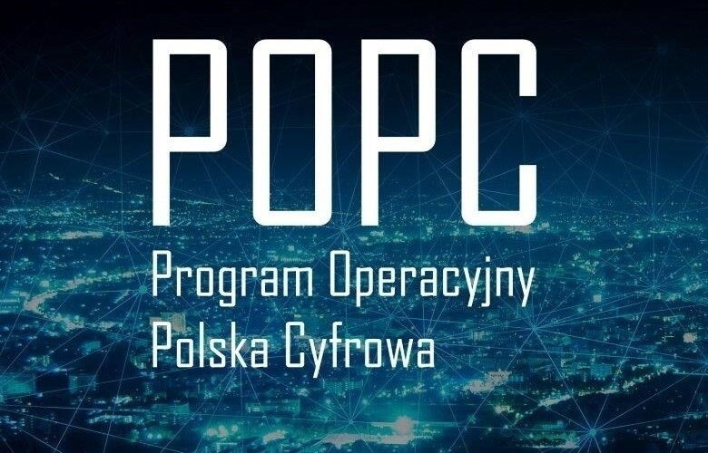Grafika przedstawiająca napis: POPC - Program Operacyjny Polska Cyfrowa na tle sieci technologii.