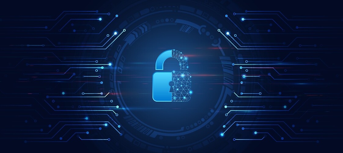 Grafika w odcieniach granatu i niebieskiego przedstawiająca otwartą kłódkę symbolizującą cyberbezpieczeństwo. Kłódka zna