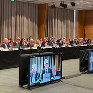 Osoby za stołem konferencyjnym, na pierwszym planie monitor z osobą zabierającą głos