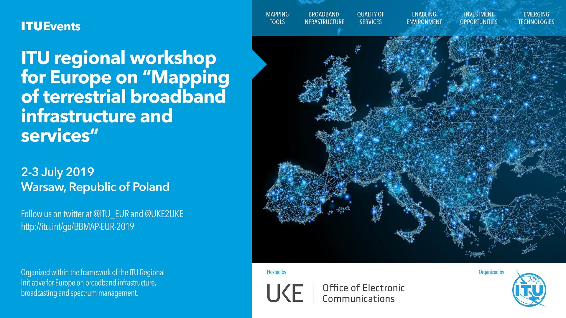 Plakat informacyjny warsztaty ITU Workshop for Europe on Mapping of Terrestrial Broadband Infrastructure and Services