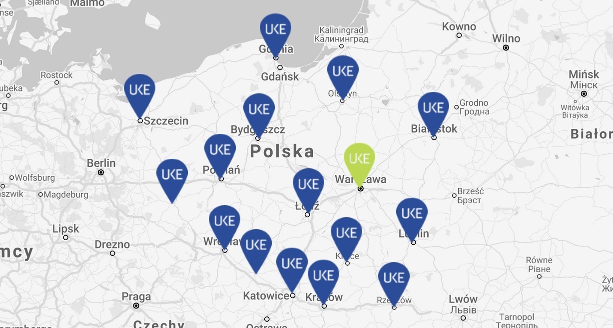 Mapa Polski z zaznaczonymi Delegaturami UKE w województwach