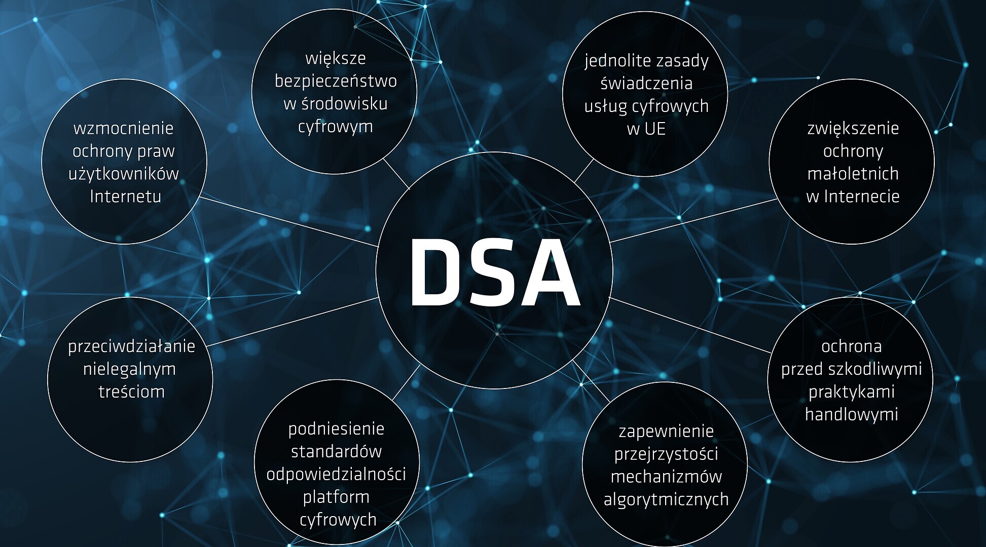 DSA ustanawia jednolite zasady funkcjonowania internetowych usług pośrednich i platform, takich jak sklepy internetowe, serwisy społecznościowe, platformy do udostępniania treści, aplikacje mobilne czy portale rezerwacyjne.  DSA tworzy jednolitą przestrzeń cyfrową, w której użytkownicy – bez względu na kraj – korzystają z równych praw i ochrony. Niezależnie od tego, skąd działa dana platforma, obowiązują ją te same standardy dotyczące usuwania nielegalnych treści, przejrzystości działania oraz ochrony użytkowników. Akt o usługach cyfrowych tworzy zintegrowany system współpracy między Komisją Europejską, organami unijnymi i krajowymi, mający na celu zapewnienie, że platformy cyfrowe skutecznie wywiązują się ze swoich obowiązków.